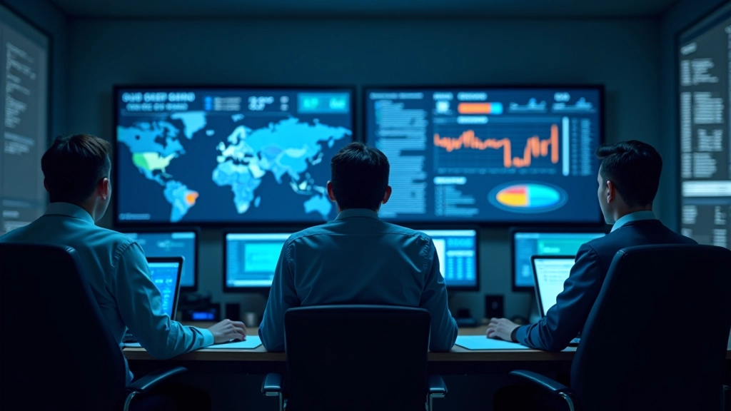 Geschäftsleute analysieren Daten auf Monitoren mit Lieferketten-Diagrammen und Echtzeit-Tracking-Systemen in einem modernen Kontrollzentrum