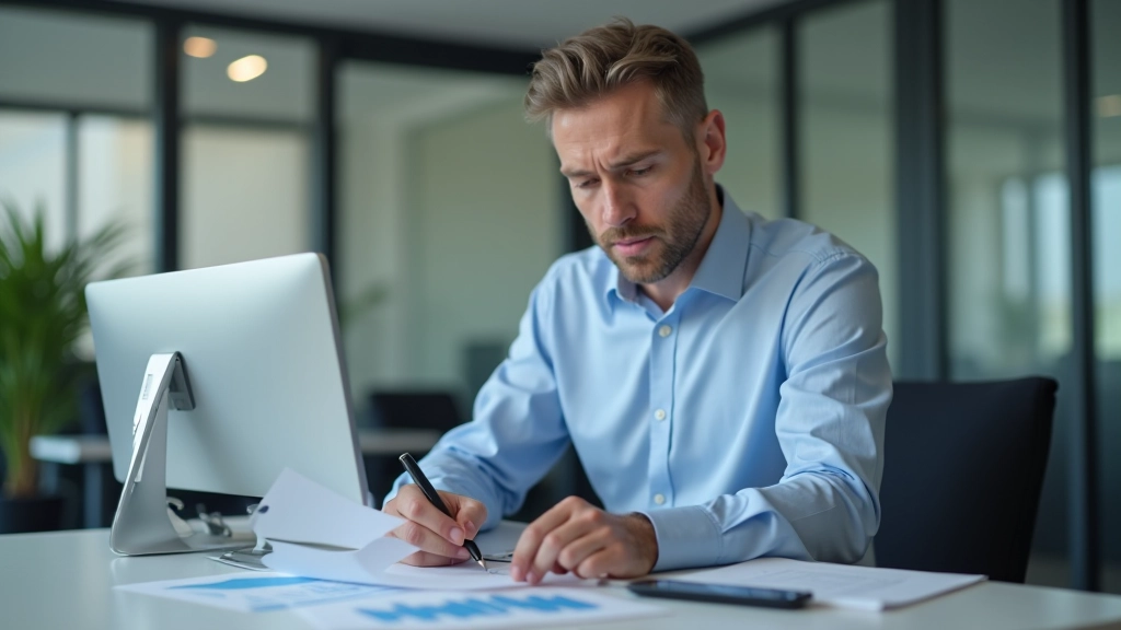Geschäftsperson analysiert Handelsstatistiken an einem modernen Schreibtisch mit Dokumenten und Laptop