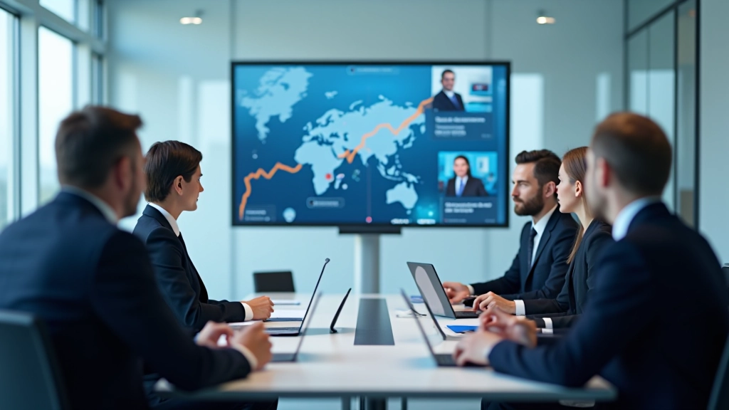 Geschäftsleute in modernem Konferenzraum bei einer Videokonferenz mit internationalen Partnern, die auf Bildschirmen zu sehen sind