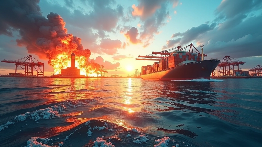 Weltweite Störungen und Krisen: Naturkatastrophe, Fabrikausfall, Hafen mit blockiertem Schiff, Verkehrsstörungen auf einer Autobahn