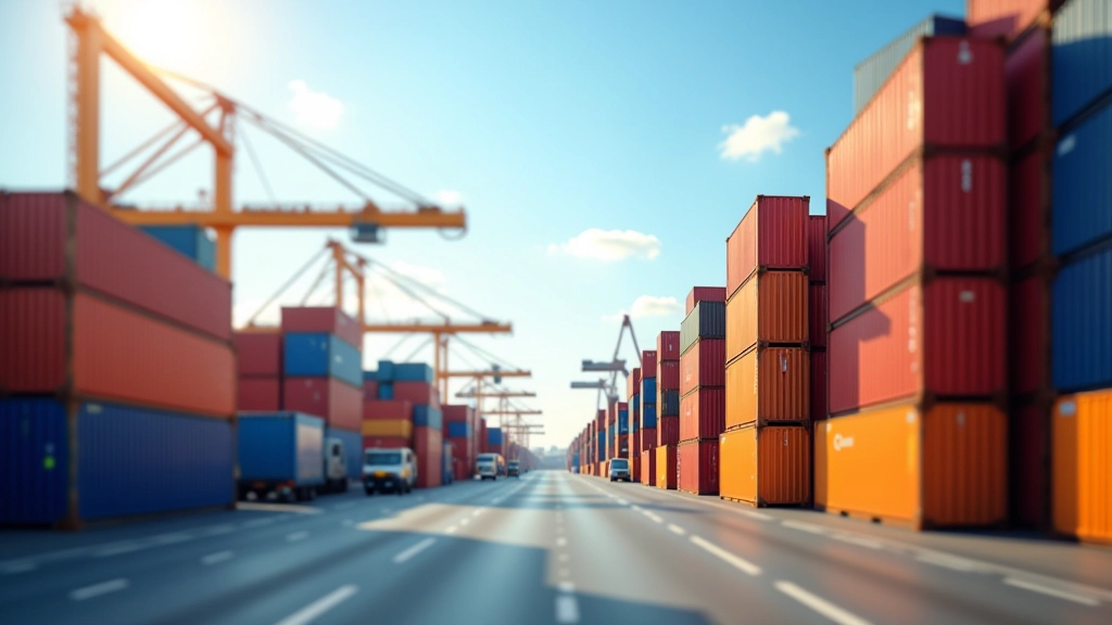 Containerhafen mit stapelweise Frachtcontainern verschiedener Farben, Kräne und Transportfahrzeuge