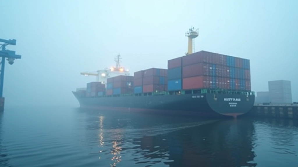 Containerschiff im Hafen bei nebligem Wetter, symbolisiert die Herausforderungen und Unsicherheiten in internationalen Lieferketten und dem Schifffahrtshandel