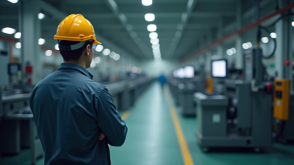 Leeres Fabrikband ohne Produkte, Arbeiter mit besorgtem Ausdruck, modernes Fabrikinnendesign mit roten Notschaltern und technischer Ausstattung