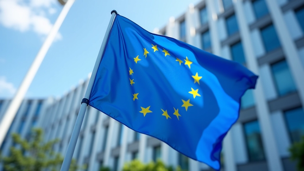 EU-Flagge vor einem modernen Regierungsgebäude mit europäischen Symbolen