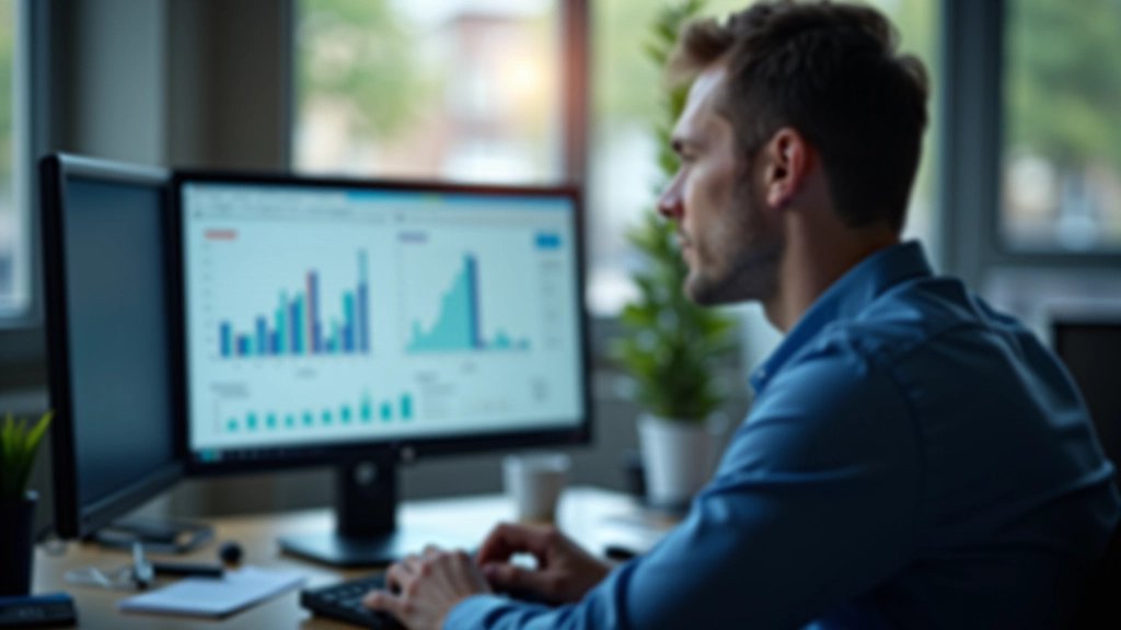 Finanzielle Datenanalyse mit Balkendiagrammen, Handelsstatistiken auf Computerdisplay in modernem Büro