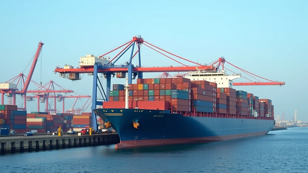 Schiffe im Hafen mit Containerladung und Lagerhäusern im Hintergrund
