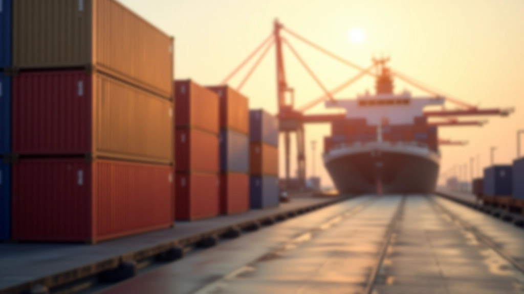Containerhafen mit Frachtschiff und stapelweise Containern im Hintergrund bei Sonnenuntergang