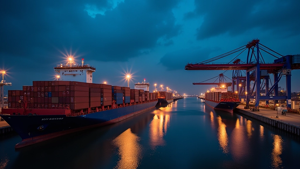 Modernes Hafenterminal mit Containerladung und internationalen Handelsschiffen