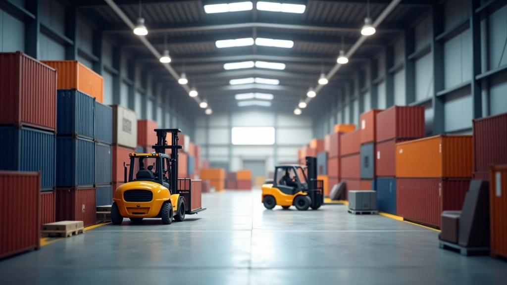 Lagerhaus mit Containern und Gabelstaplern, die Waren für internationalen Handel verladen, moderne Logistikanlage mit geordneter Infrastruktur