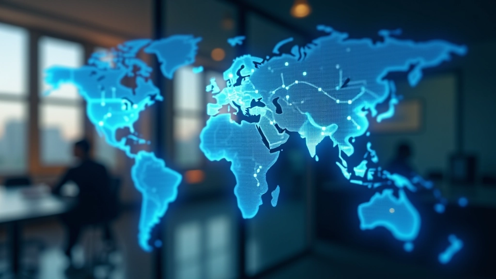 Globale Lieferkettenkarte mit verbundenen Knoten und Handelsrouten zwischen Kontinenten